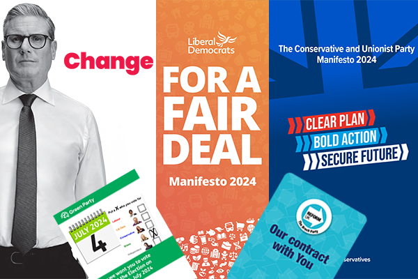 collage of manifesto covers for the 2024 general election