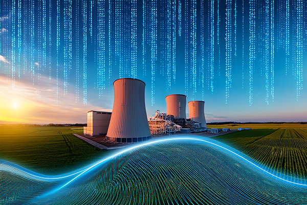 AI-generated image of a nuclear power plant with data streams in the sky and wave design in the foreground